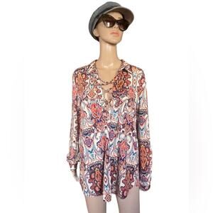 BCBG Maxazria paisley stretch king sleeve mod retro blouse size XL